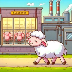 Like a lamb to the slaughter (idiom), a lamb walking calmly to a slaughter building