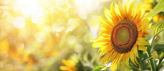 Fototapeta premium Sunflower on a blurry sunny natural backdrop. Horizontal summer agricultural banner featuring a sunflower field. Organic food cultivation. Farm produce harvesting. Oilseed crop. Ample space for text.
