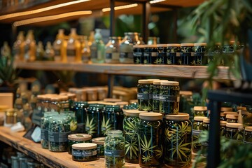 Various glass jars filled with dried cannabis and hemp products on display in a store, highlighting the natural packaging and organic products.