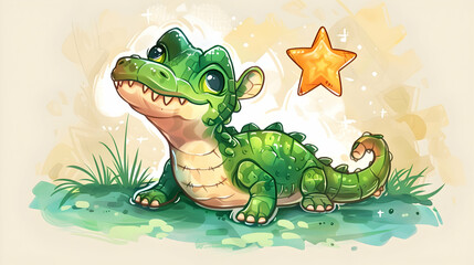 a green dinosaur and an orange star on a isolated background, with a green leg visible in the foreground