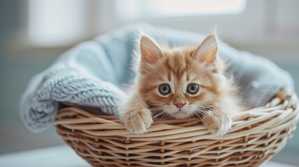 Fluffy Kitten in a Basket Well-lit Room Simple and Cute