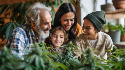 Happy multi-generational family enjoying time together in a garden, bonding over plants and nature in a cozy indoor setting.