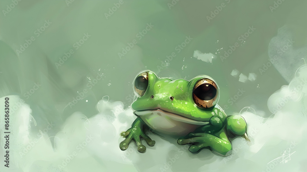 Wall mural a green frog sitting on a cloud