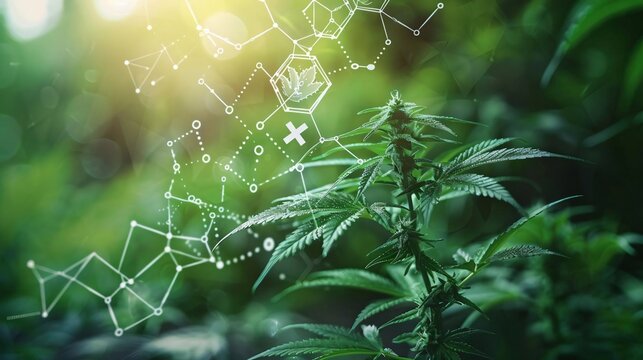 Cannabis plant with scientific chemical structures glowing in the background, symbolizing research and innovation in medical marijuana.