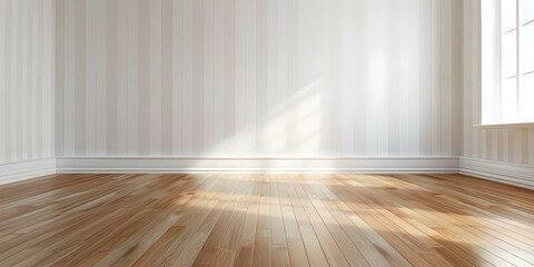 Vintage oak floor and striped vinyl wallpaper in empty living room. Concept Interior Design,...