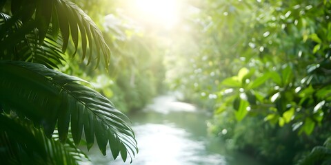 Tropical river flows through dense jungle as sunlight filters through branches. Concept Nature, Tropical, River, Jungle, Sunlight