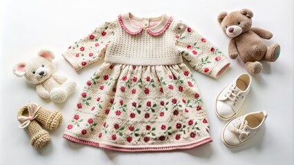 Adorable baby girl's outfit laid out on a soft white background, featuring a flower-adorned dress, tiny shoes, knitted teddy bear, and matching accessories.