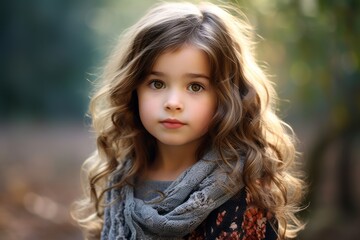 Naklejka premium Portrait of a beautiful little girl with long curly hair on the background of the autumn forest.