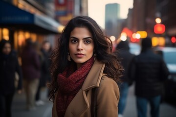 Beautiful young woman in New York City at night, wearing brown coat and scarf.
