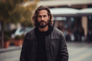 Fototapeta premium Handsome man with long hair and beard wearing a black leather jacket in an urban context