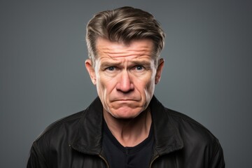 Obraz premium Angry middle aged man over grey background. Facial expressions concept.