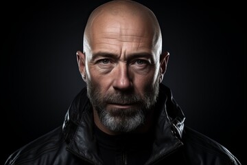 Fototapeta premium Portrait of an old man in a leather jacket on a dark background.