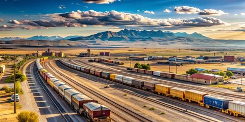 Fototapeta premium Railcars stretch across the yard as a freight train pulls into Laramie's busy rail terminal, surrounded by vast Wyoming plains and distant mountain ranges.