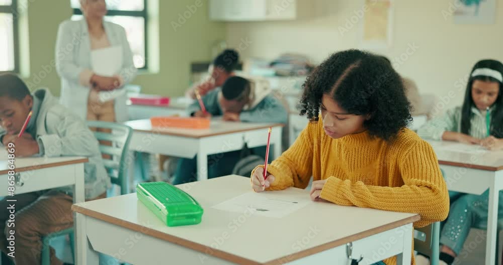 Poster Exam, writing and students in classroom for group, test and knowledge in elementary school. Education, childhood development and desk for assessment, teacher and learning for young people in academy