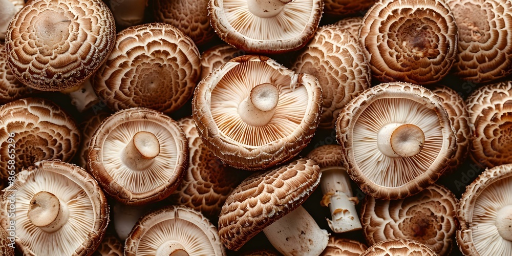 Poster shiitake mushrooms arranged in visually appealing pattern perfect for nature lovers. concept shiitak