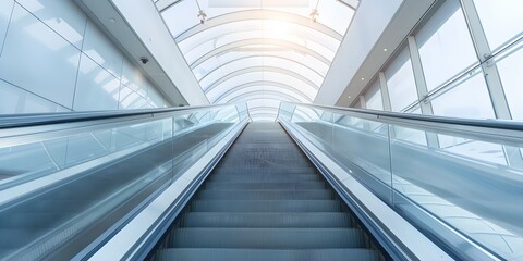 Fototapeta premium Glass ceiling escalators in modern mall ideal for holiday shopping experience. Concept Glass Ceilings, Escalators, Modern Malls, Holiday Shopping, Shopping Experience