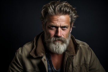 Obraz premium Portrait of a handsome mature man with long gray beard and mustache. Studio shot on black background.