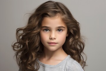 Naklejka premium Portrait of a cute little girl with long curly hair, studio shot