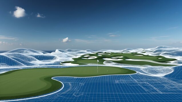 3d wireframe render of a golf course architecture abst background