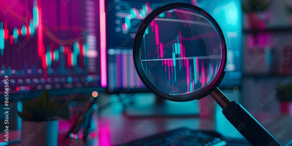 Poster analyzing seo data with highres neon screen magnifier for charts and graphs. concept seo analytics, 