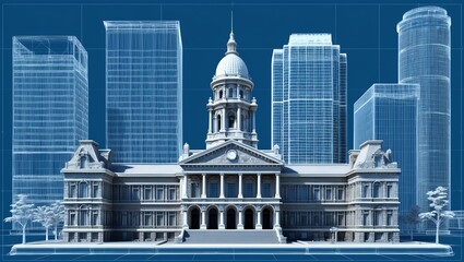 Obraz premium 3d wireframe render of a city hall architecture abstra background