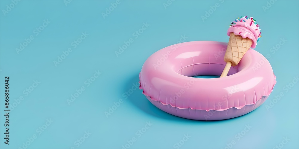 Poster 3d rendering of inflatable ring against blue background with ice cream stick. concept 3d rendering, 