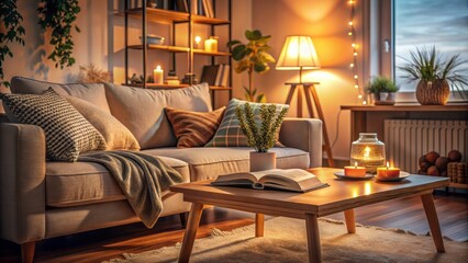 Cozy atmosphere of a living room with a comfortable couch, side table, and a open book, surrounded by soft lighting and warm tones.