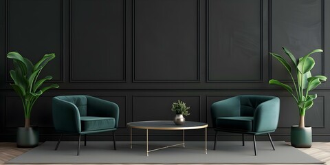 Sophisticated Living Room with Dark Gray Walls and Comfortable Lounge Furniture. Concept Sophisticated Decor, Dark Gray Walls, Lounge Furniture, Living Room Design