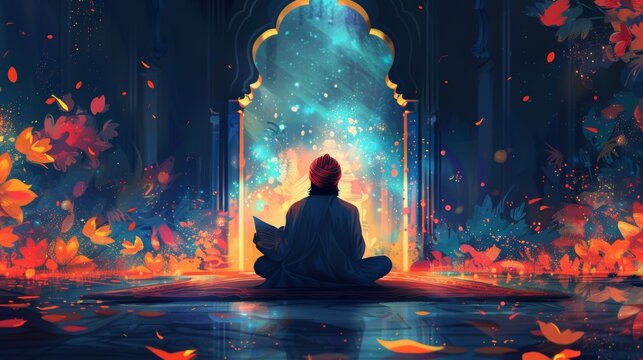 Sikh man reading from the Guru Granth Sahib, with vibrant decorations in the background. Cartoon illustrations vectors Generative AI
