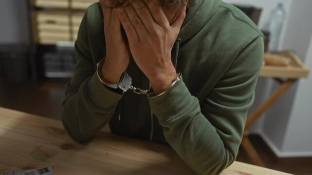 Handcuffed distressed man in office with evidence photos and folders in the background