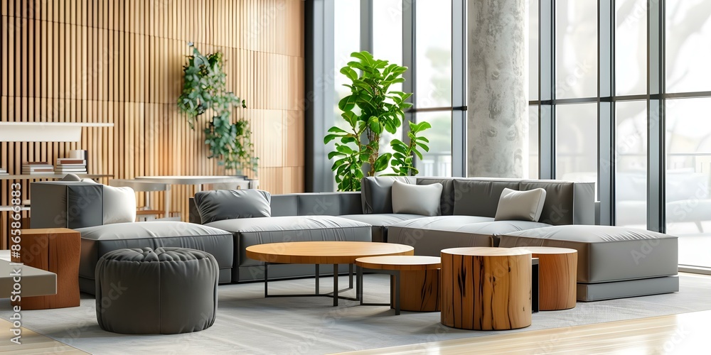 Poster 3d render of modern open space with modular sofa wooden tables. concept 3d render, modern open space