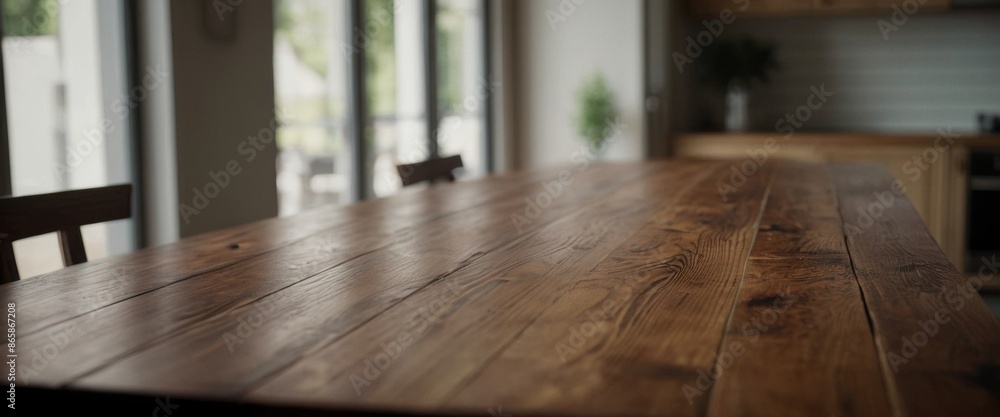 Poster wooden table on blurred diagonal view of extending towards
