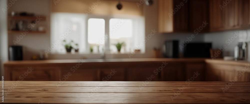 Poster wooden table on blurred abstract composition with lines of