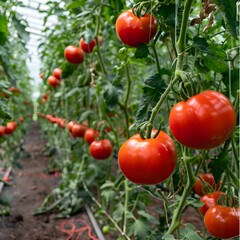 Ripe red tomatoes growing on a bush with copy space in background,
