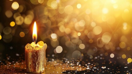 Golden candle birthday background with burning 17 festive card with copy space