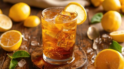 lemon ice tea on brown wooden table with lemons around