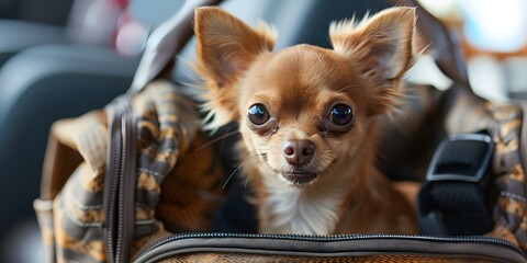 Brown chihuahua in pet carrier bag smiling at camera ready to travel. Concept Traveling with Pets, Pet Photography, Chihuahua Breed, Adorable Moments, Pet Carriers