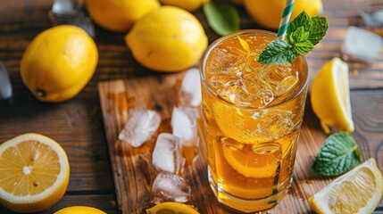 Fototapeta premium lemon ice tea on brown wooden table with lemons around