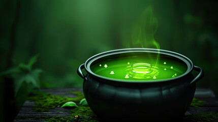 A green liquid in a black pot with a green lid