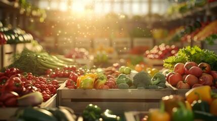 Fresh produce at a farmer's market under the golden sun, showcasing a variety of vibrant fruits and vegetables in wooden crates.