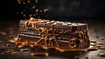 World chocolate day, chocolate bar with velvety splashes of caramel and dark chocolate, modern background for banners, posters, cards, advertisement ads