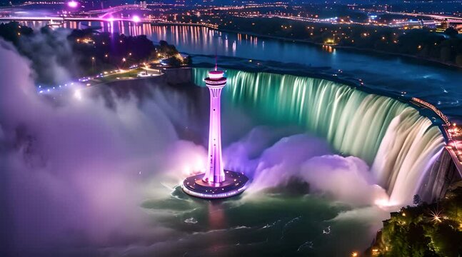 Canada's Skylon Tower and Niagara Falls in Nighttime Aerial
