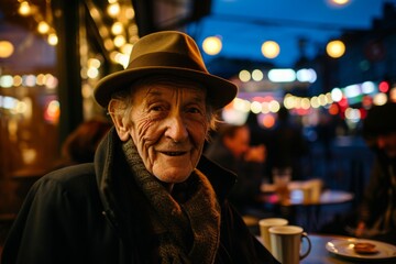 Portrait of an elderly man in a hat and coat on the background of the Christmas market.