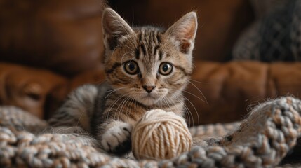 Kitten Playing with a Ball of Yarn 