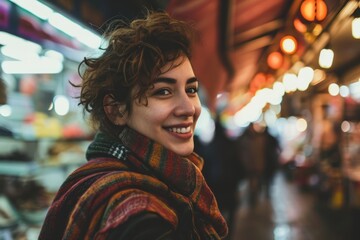 Obraz premium Portrait of a beautiful young woman with curly hair in a colorful scarf on the background of the night street.