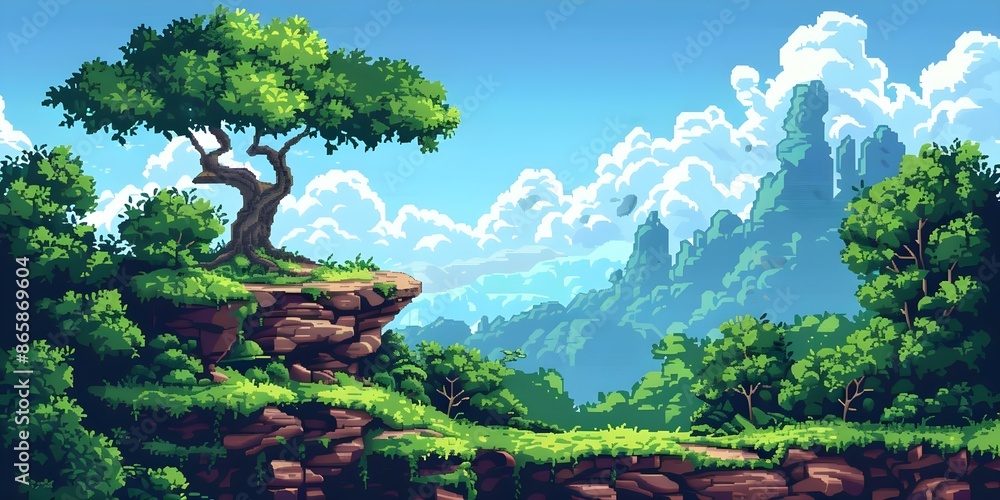Aufkleber retro pixel art scene from an adventure computer game level. concept adventure game, retro style, pi