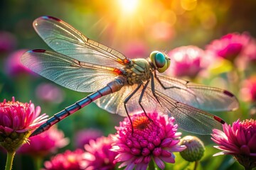 Delicate dragonfly perches on vibrant pink flower petals, its iridescent wings glistening in warm sunlight, surrounded by lush greenery and soft blurred background.
