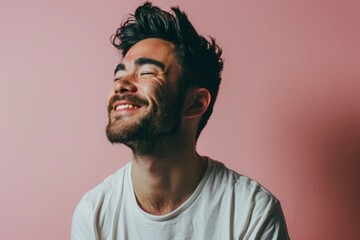 Fototapeta premium young handsome bearded hipster man in white shirt smiling on pink background