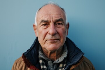 Fototapeta premium Portrait of an elderly man on a blue background. Elderly people.