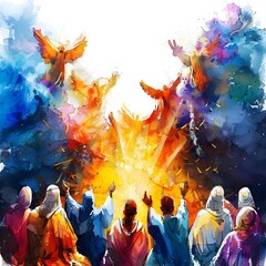 Jesus teaching the Beatitudes to his followers in a digital watercolor illustration on a white backd,
